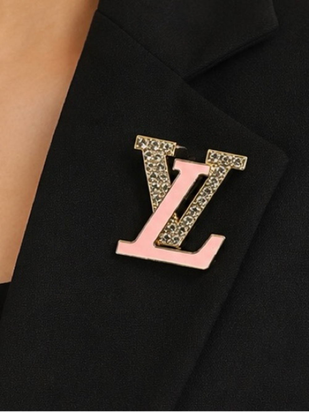 Pink & Gold-Tone Rhinestone Monogram-Style Brooch – Statement Pin - Picture 4 of 5